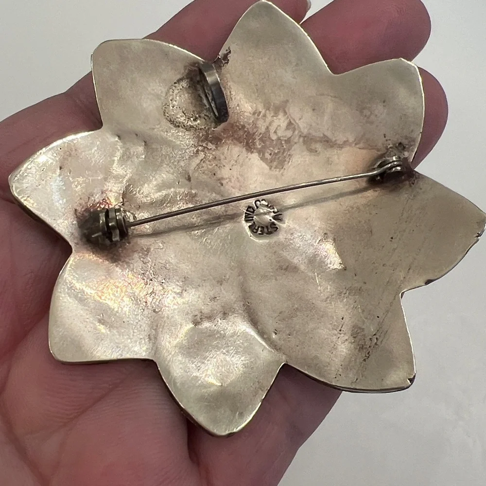 Abalone Sterling Silver Pendant Brooch Pin Inlaid Flower Alpaca Silver Mexico